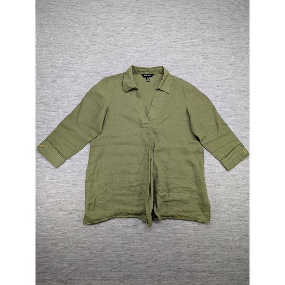 Ellen Tracy Linen Tunic Top Olive Green 3/4 Sleeve‎ Collared Shirt Medium Resort - Picture 1 of 11